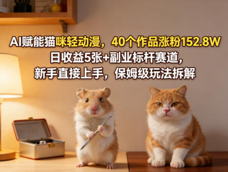 AI赋能猫咪轻动漫，40个作品涨粉152.8W，日收益5张+副业标杆赛道，新手直接上手，保姆级玩法拆解-柚子网创