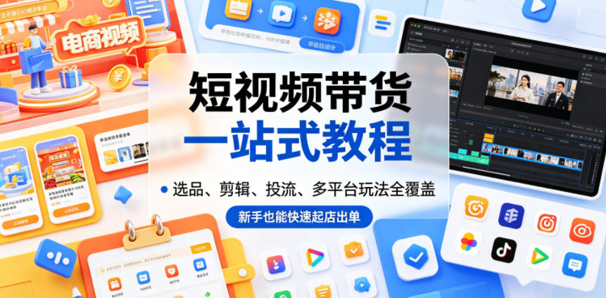 短视频带货一站式教程，选品、剪辑、投流、多平台玩法全覆盖，新手也能快速起店出单-柚子网创
