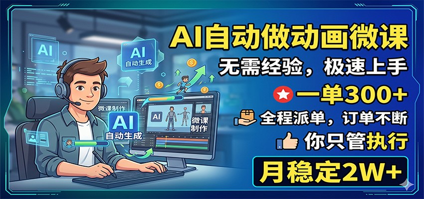 AI自动做动画微课，一单300+，全程派单，你只管执行，月稳定2W+-柚子网创