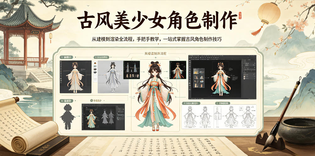 古风美少女角色制作，从建模到渲染全流程，手把手教学，一站式掌握古风角色制作技巧-柚子网创