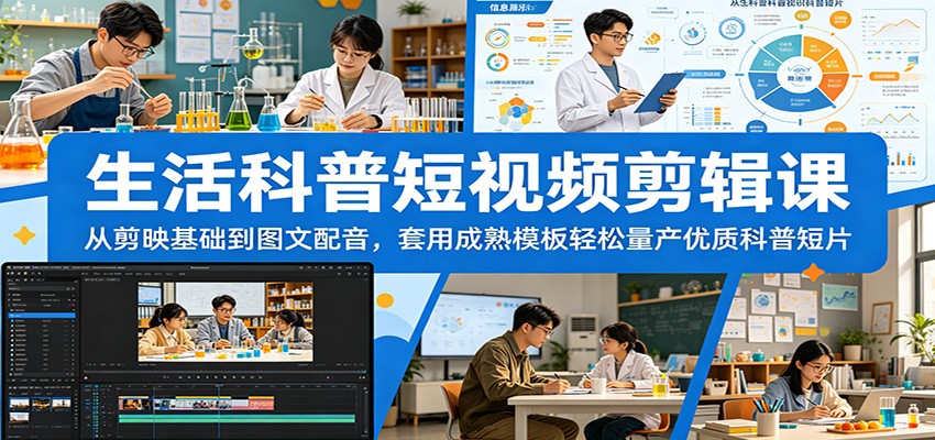 生活科普短视频剪辑课：从剪映基础到图文配音，套用成熟模板轻松量产优质科普短片-柚子网创