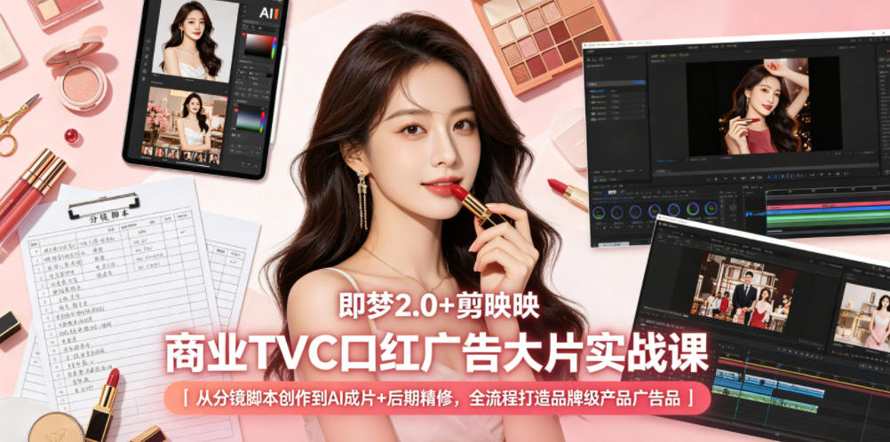 即梦2.0+剪映商业TVC口红广告大片实战课｜从分镜脚本创作到AI成片+后期精修，全流程打造品牌级产品广告-柚子网创