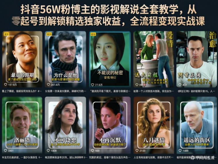 抖音56W粉博主的影视解说全套教学，从零起号到解锁精选独家收益，全流程变现实战课-柚子网创