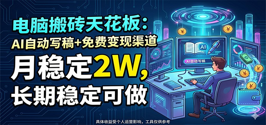 电脑搬砖天花板：AI自动写稿+免费变现渠道，月稳定2W，长期稳定可做-柚子网创