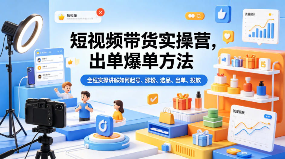 短视频带货实操营，出单爆单方法，全程实操讲解如何起号、涨粉、选品、出单、投放(更新0515)-柚子网创
