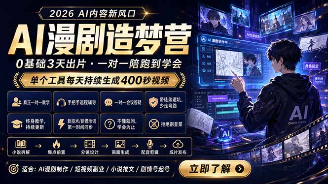 AI漫剧造梦营：0基础3天出片，单个工具每天持续生成400秒视频-柚子网创