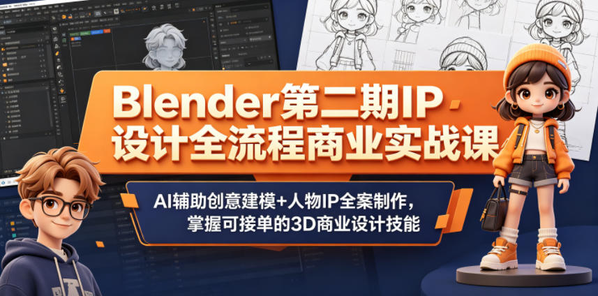 Blender第二期IP设计全流程商业实战课，AI辅助创意建模+人物IP全案制作，掌握可接单的3D商业设计技能-柚子网创