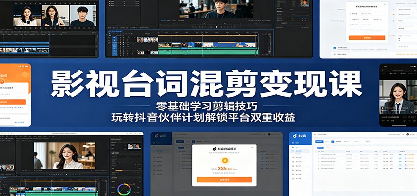 影视台词混剪变现课：零基础学习剪辑技巧，玩转抖音伙伴计划解锁平台双重收益-柚子网创