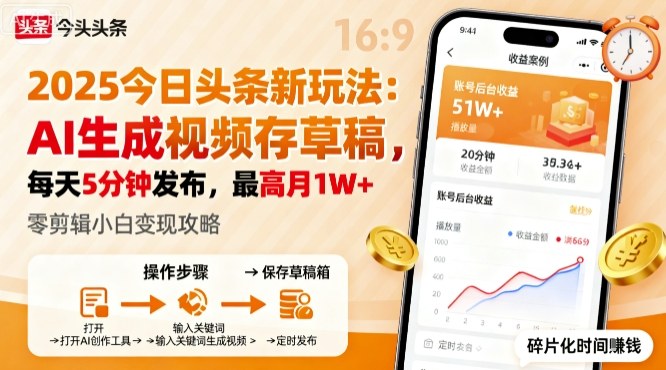 2025年今日头条躺賺新玩法，AI生成视频存草稿，每天5分钟发布，最高月1W+【揭秘】-柚子网创