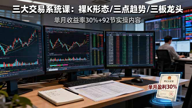 三大交易系统课：裸K形态/三点趋势/三板体系，单月收益率30%+92节实操内容-柚子网创