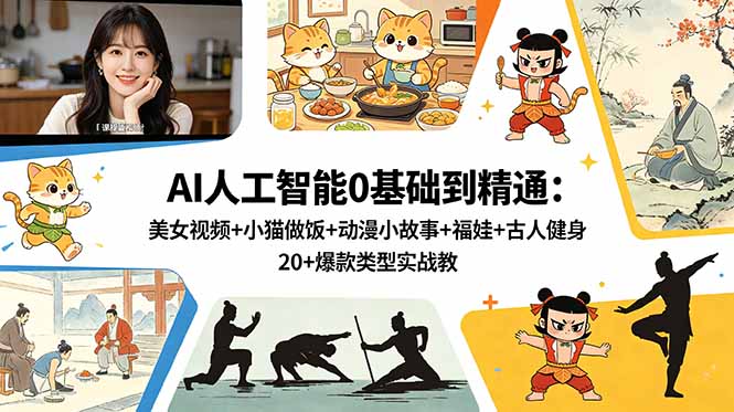 AI人工智能0基础到精通：美女视频+小猫做饭+动漫小故事+福娃+古人健身，20+爆款类型实战教学-柚子网创