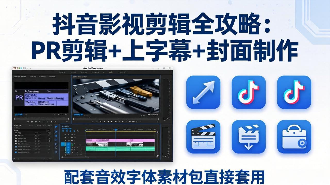 抖音影视剪辑全攻略：PR剪辑+上字幕+封面制作，配套音效字体素材包直接套用-柚子网创
