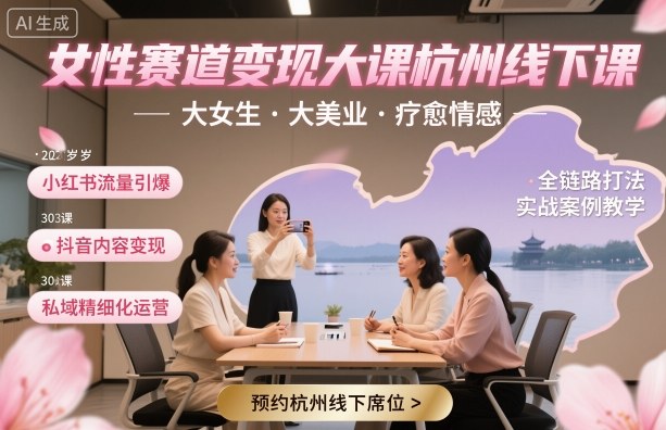 女性赛道变现大课杭州线下，大女生，大美业，疗愈情感，一套小红书、抖音、私域全链路打法-柚子网创