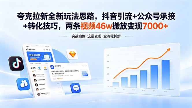 夸克拉新全新玩法思路，抖音引流+公众号承接+转化技巧，两条视频46w搬放 变现7000+-柚子网创