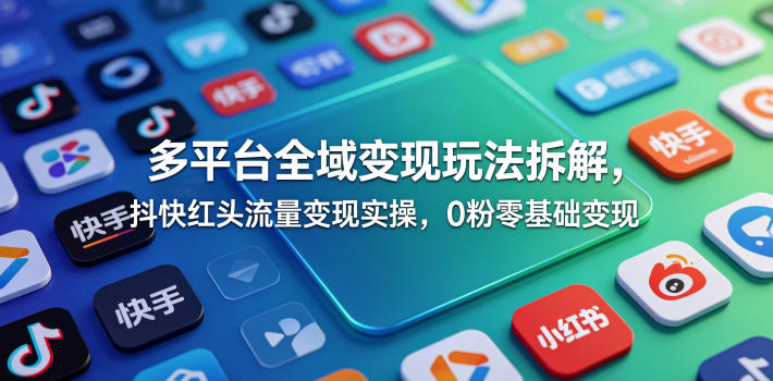 多平台全域变现玩法拆解，抖快红头流量变现实操，0粉零基础变现-柚子网创