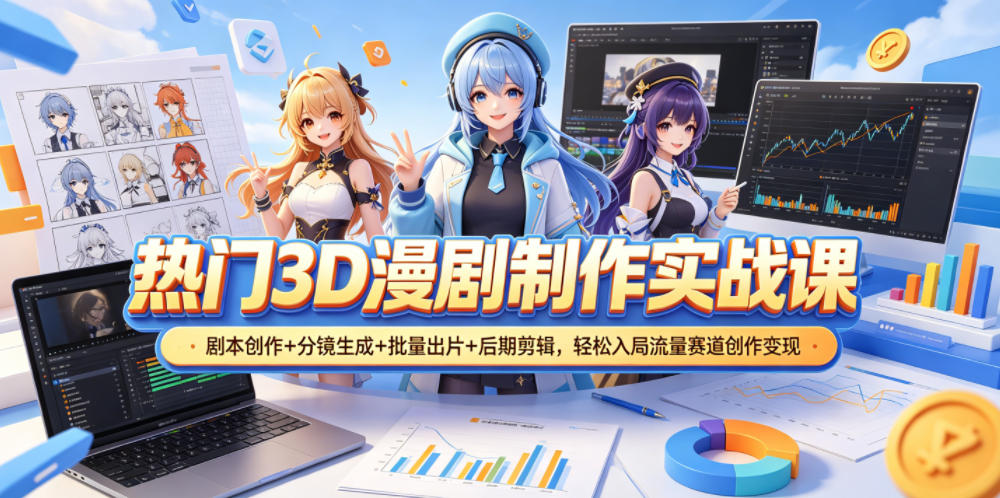 热门3D漫剧制作实战课，剧本创作+分镜生成+批量出片+后期剪辑，轻松入局流量赛道创作变现-柚子网创