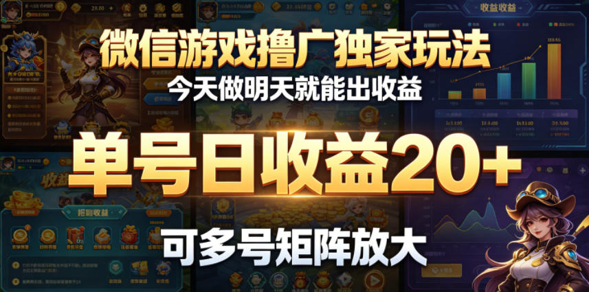 微信游戏撸广独家玩法，今天做明天就能出收益，单号日收益20+，可多号矩阵放大-柚子网创