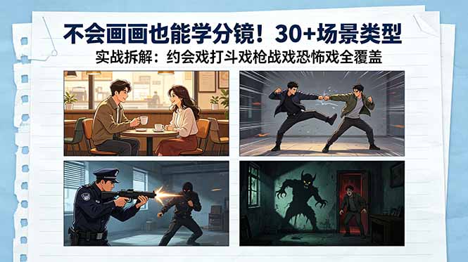 不会画画也能学分镜！30+场景类型实战拆解：约会戏打斗戏枪战戏恐怖戏全覆盖-柚子网创