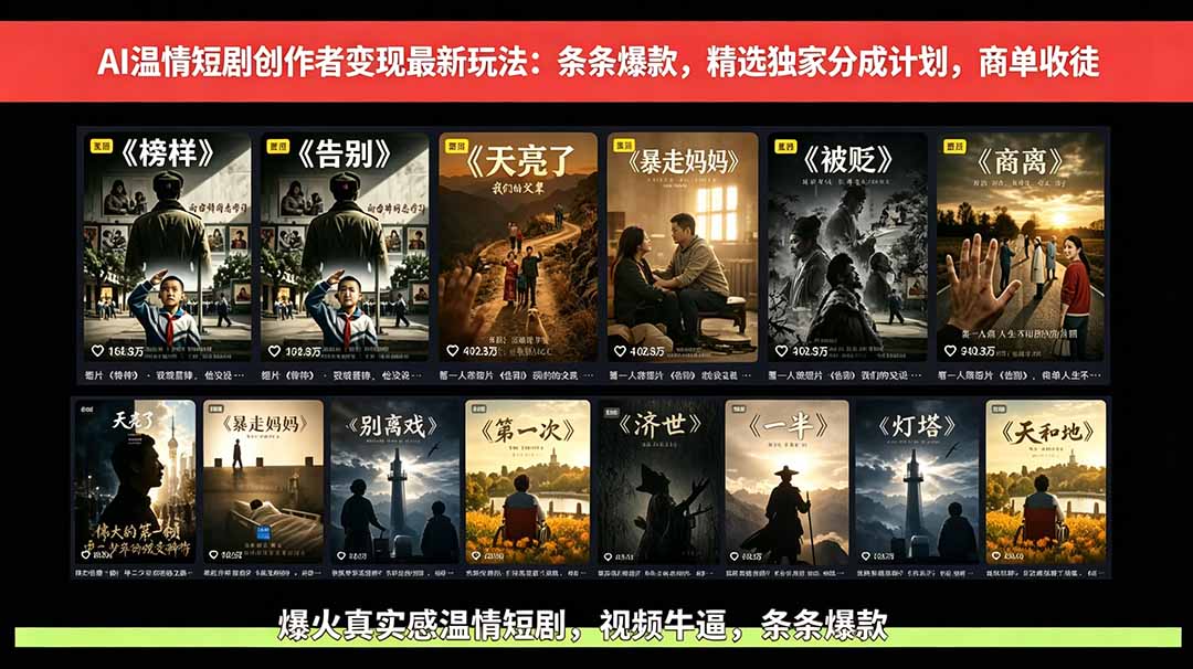 AI温情短剧创作者变现最新玩法：视频牛逼，条条爆款，精选独家分成计划，商单收徒-柚子网创