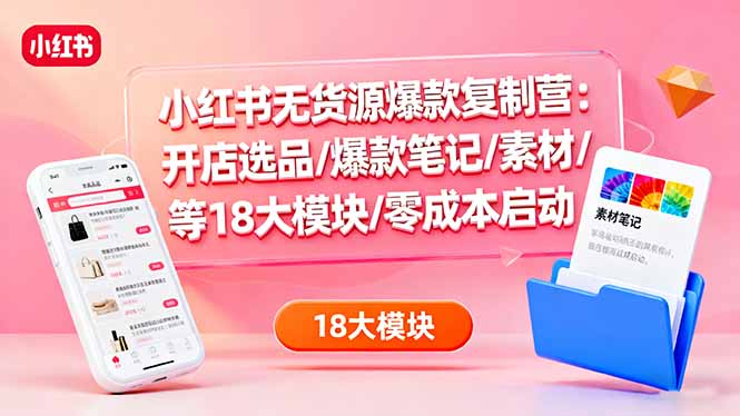 小红书无货源爆款复制营：开店选品/爆款笔记/素材/等18大模块/零成本启动-柚子网创