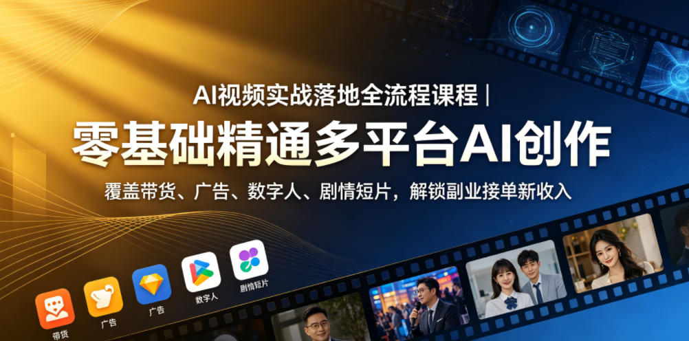 AI视频实战落地全流程课程｜零基础精通多平台AI创作，覆盖带货、广告、数字人、剧情短片，解锁副业接单新收入-柚子网创