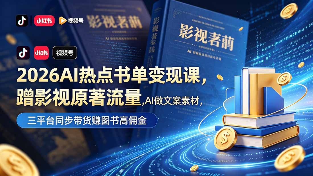 2026AI热点书单变现课，蹭影视原著流量，AI做文案素材，三平台同步带货赚图书高佣金-柚子网创