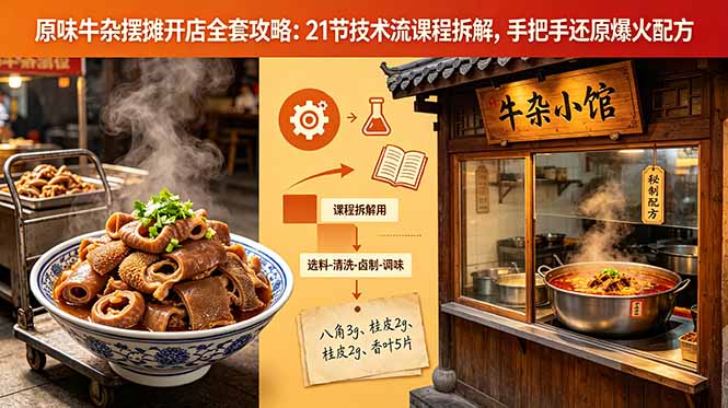 原味牛杂摆摊开店全套攻略：21节技术流课程拆解，手把手还原爆火配方-柚子网创