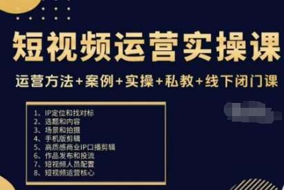 短视频运营实操课，运营方法+案例+实操+私教+线下闭门课-柚子网创